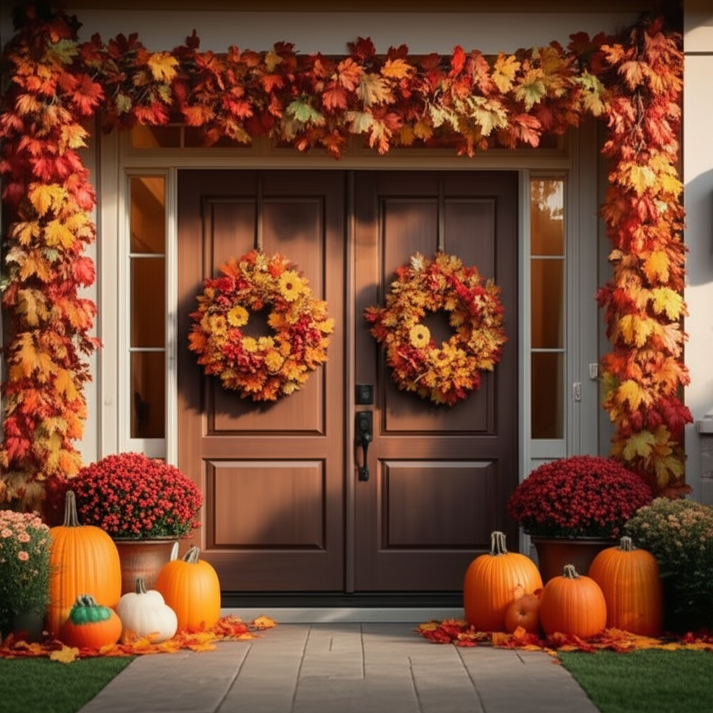 Beautiful wooden double doors decorated for fall with wreaths, pumpkins, and autumn foliage